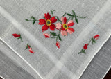 Vintage Red Pink Dogwood Floral Embroidered Handkerchief