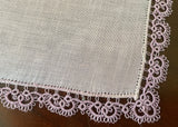 Vintage Purple Irish Linen Handkerchief with Lace Edge Tatting