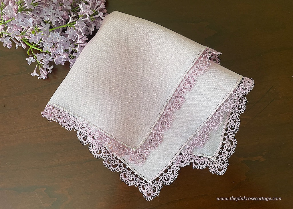 Vintage Purple Irish Linen Handkerchief with Lace Edge Tatting