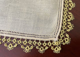 Tagged Vintage Yellow Irish Linen Handkerchief with Lace Edge Tatting