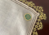Tagged Vintage Yellow Irish Linen Handkerchief with Lace Edge Tatting