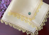 Tagged Vintage Yellow Irish Linen Handkerchief with Lace Edge Tatting