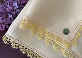Tagged Vintage Yellow Irish Linen Handkerchief with Lace Edge Tatting