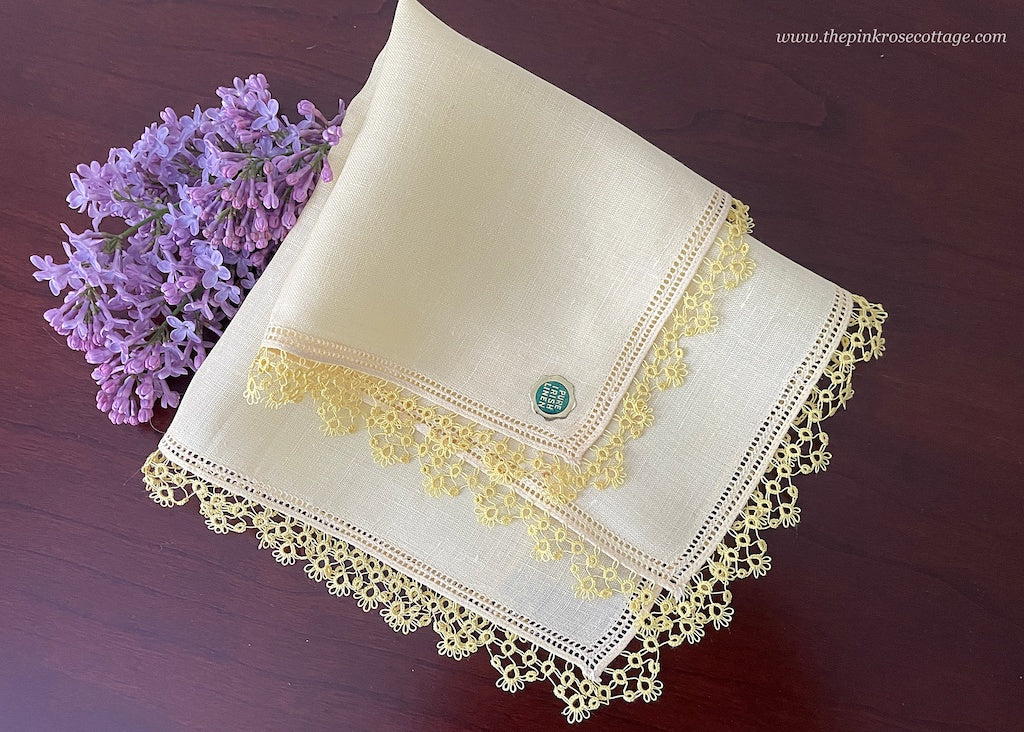 Tagged Vintage Yellow Irish Linen Handkerchief with Lace Edge Tatting