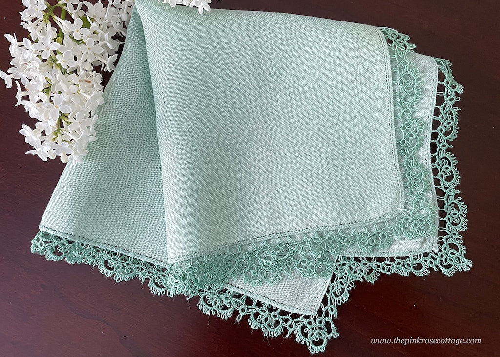 Vintage Soft Green Irish Linen Handkerchief with Lace Edge Tatting