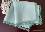 Vintage Soft Green Irish Linen Handkerchief with Lace Edge Tatting