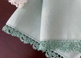 Vintage Soft Green Irish Linen Handkerchief with Lace Edge Tatting