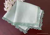 Vintage Soft Green Irish Linen Handkerchief with Lace Edge Tatting