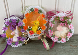 3 Handmade Real Easter Egg Diorama Ornaments Flocked Bunnies