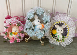 3 Hand Made Real Easter Egg Diorama Ornaments with White Bunnies