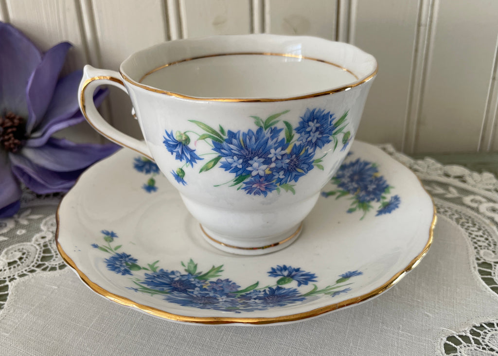 Vintage Colclough China Blue Bachelor Buttons Teacup and Saucer