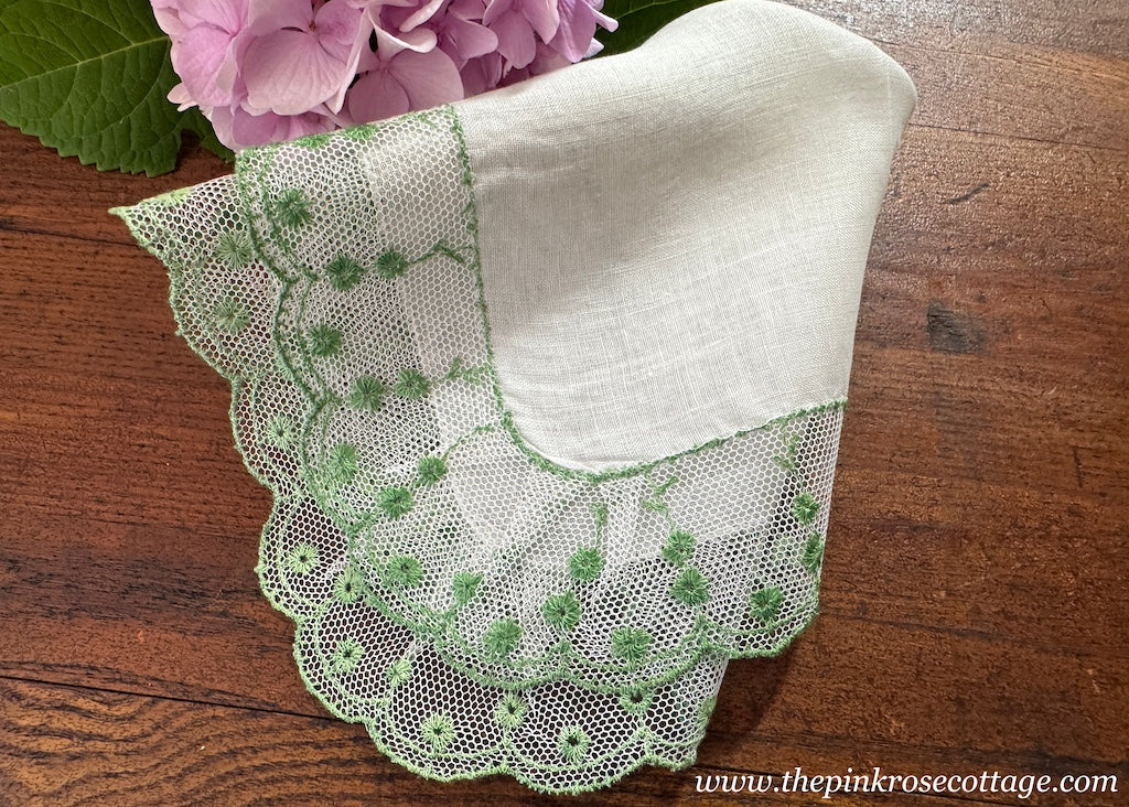 Vintage Linen Net Lace Embroidered Green Petite Flowers Handkerchief