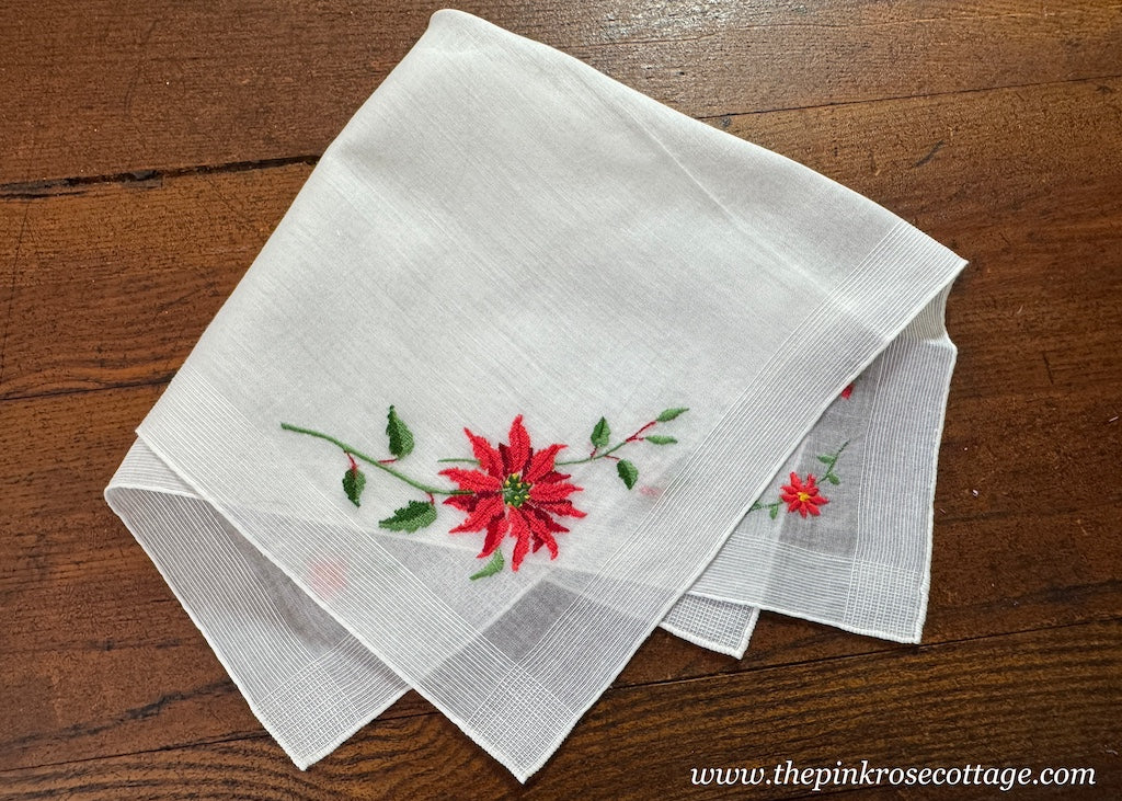 Vintage Embroidered Red Poinsettia Christmas Handkerchief