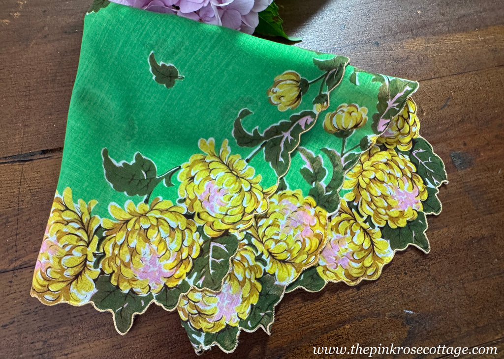 Vintage Yellow Chrysanthemums Green Leaves Handkerchief