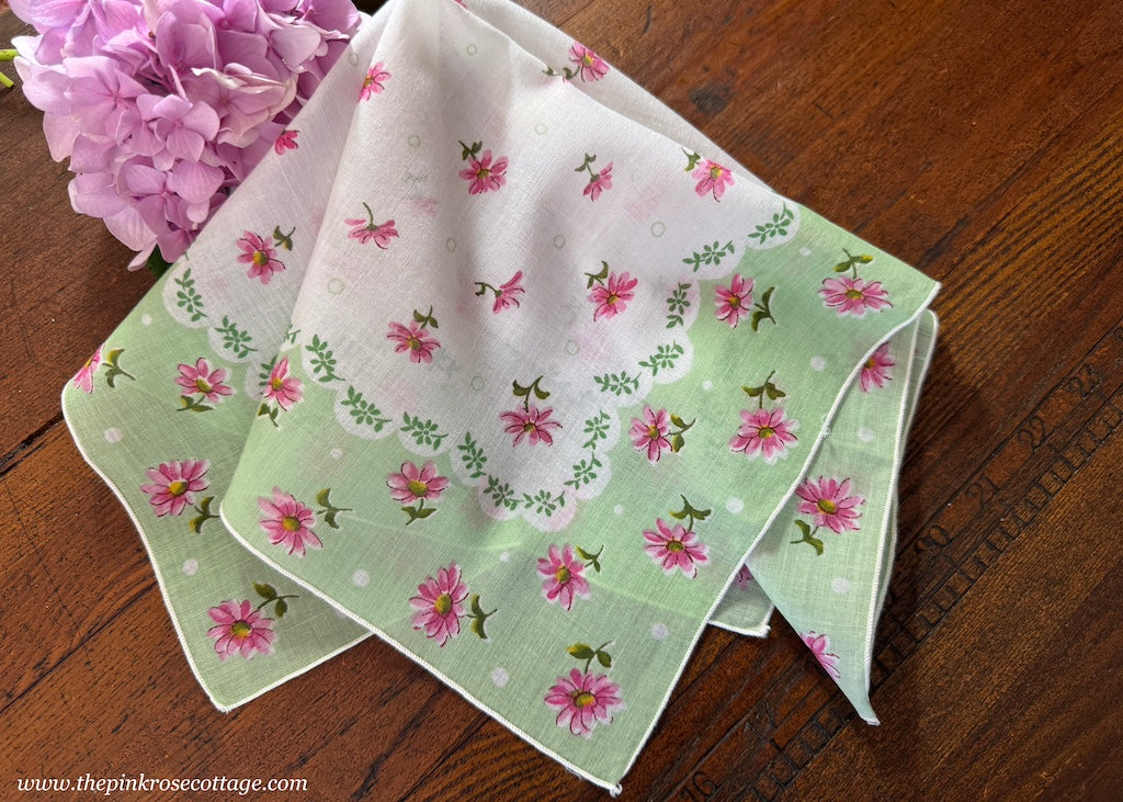 Vintage Pink Daisy Polka Dot Green Handkerchief
