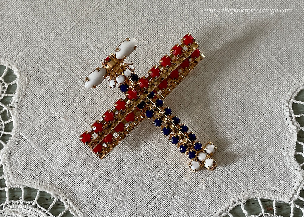 Vintage Patriotic Red White Blue Rhinestone WWII Plane Pin Brooch