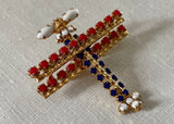 Vintage Patriotic Red White Blue Rhinestone WWII Plane Pin Brooch