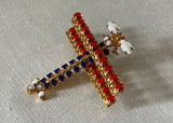 Vintage Patriotic Red White Blue Rhinestone WWII Plane Pin Brooch