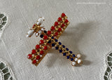 Vintage Patriotic Red White Blue Rhinestone WWII Plane Pin Brooch