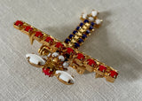 Vintage Patriotic Red White Blue Rhinestone WWII Plane Pin Brooch