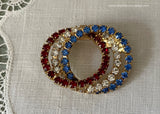 Vintage Patriotic Red White Blue Rhinestone Looped Circle Pin Brooch