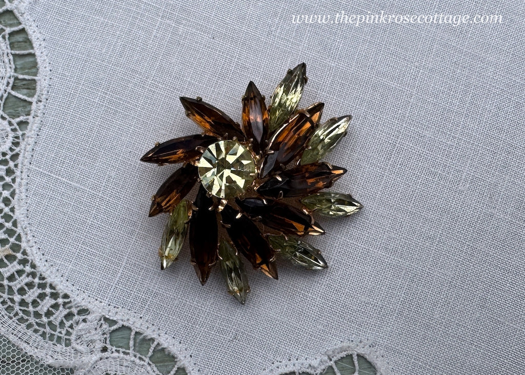 Vintage Brown Amber and Green Navette Rhinestone Brooch