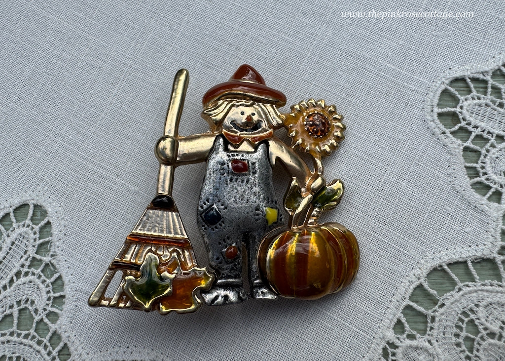 Enameled Autumn Scarecrow Pin with Pumpkin Sunflower and more
