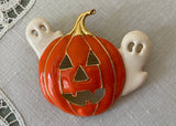 Vintage Enameled Jack O'Lantern Pumpkin and Halloween Ghosts Pin