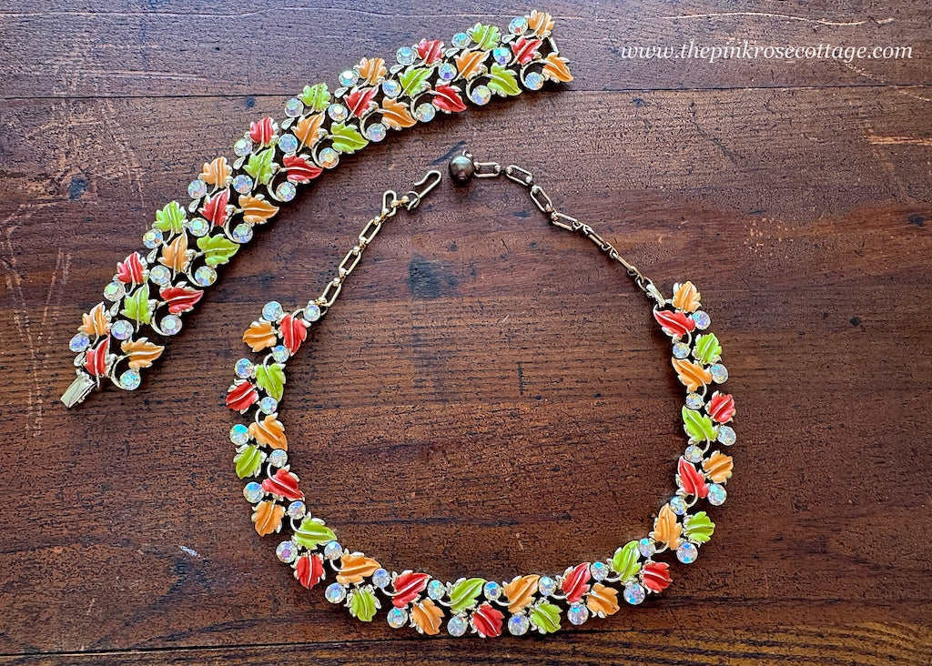 Vintage Enameled and Rhinestone Fall Leaves Necklace and Bracelet