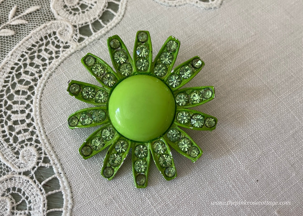 Vintage Enameled Weiss Lime Green Daisy Enameled Rhinestone Brooch Pin