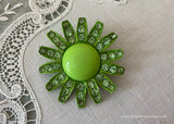 Vintage Enameled Weiss Lime Green Daisy Enameled Rhinestone Brooch Pin