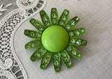 Vintage Enameled Weiss Lime Green Daisy Enameled Rhinestone Brooch Pin