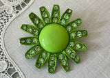 Vintage Enameled Weiss Lime Green Daisy Enameled Rhinestone Brooch Pin