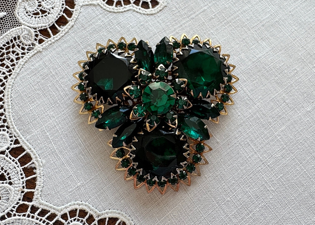 Vintage Judy Lee Emerald Green Rhinestone Brooch