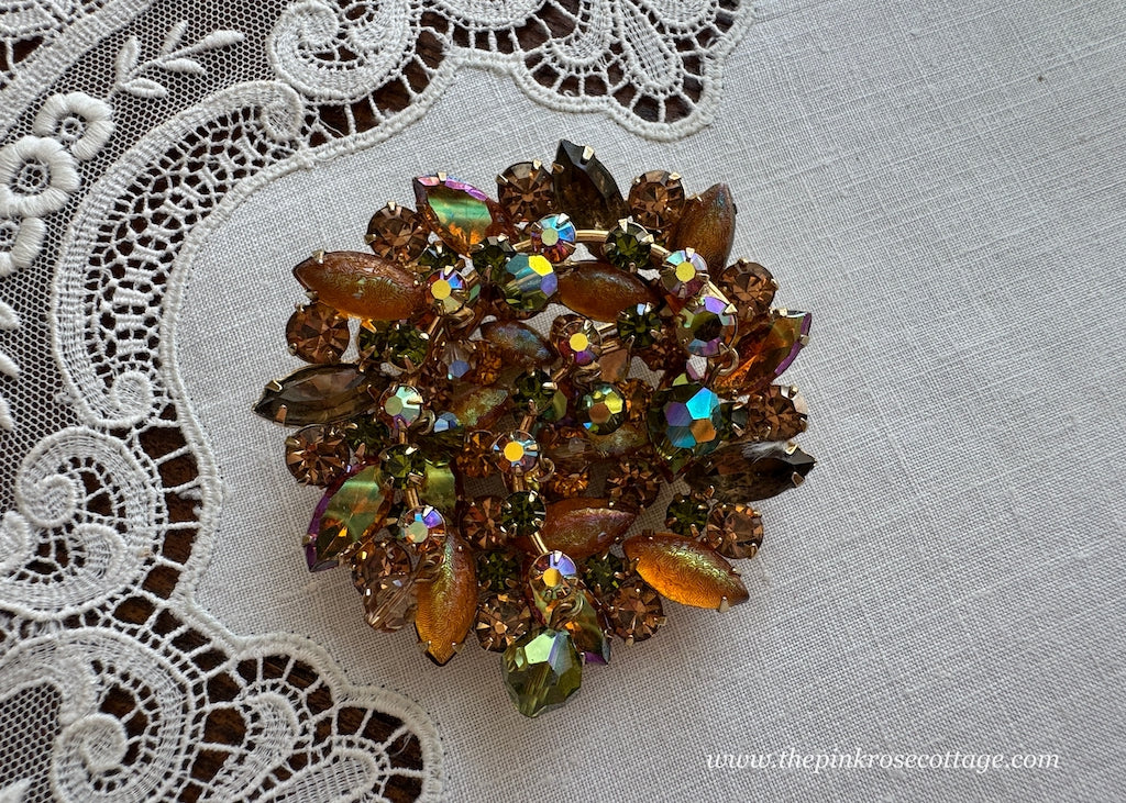 Vintage Cha Cha Rhinestone Brooch Shades of Amber and Green