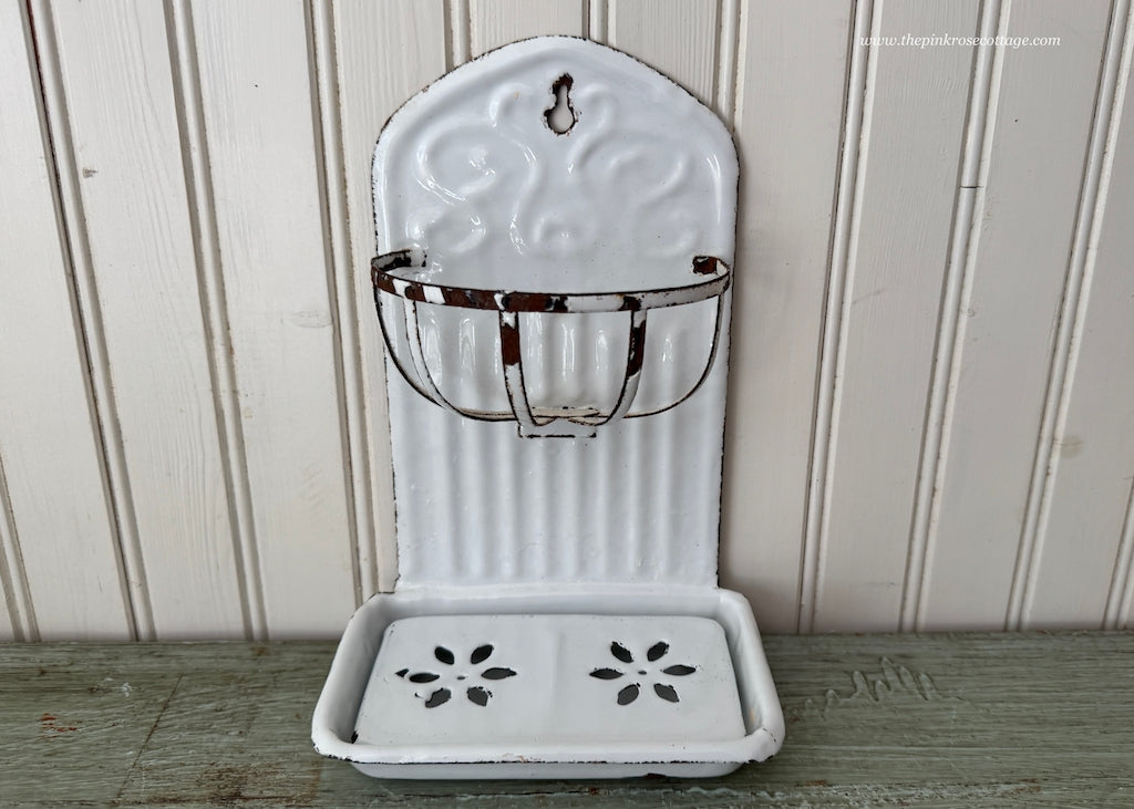 Vintage Enameled Graniteware Soap Dish and Sponge Holder French Farmhouse