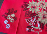 Unused Christmas Tea Towel Red Gold Poinsettia Ornaments Bells and More