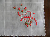 Vintage Embroidered Pink Roses and Hearts Valentines Handkerchief - The Pink Rose Cottage