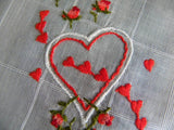 Vintage Embroidered Pink Roses and Hearts Valentines Handkerchief - The Pink Rose Cottage