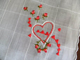 Vintage Embroidered Pink Roses and Hearts Valentines Handkerchief - The Pink Rose Cottage
