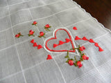 Vintage Embroidered Pink Roses and Hearts Valentines Handkerchief - The Pink Rose Cottage 