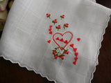 Vintage Embroidered Pink Roses and Hearts Valentines Handkerchief - The Pink Rose Cottage