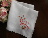 Vintage Embroidered Pink Roses and Hearts Valentines Handkerchief - The Pink Rose Cottage 