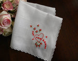Vintage Embroidered Pink Roses and Hearts Valentines Handkerchief - The Pink Rose Cottage