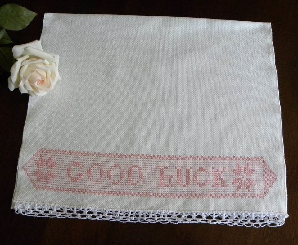 Vintage Good Luck Pink Embroidered Huck Towel - The Pink Rose Cottage