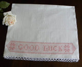 Vintage Good Luck Pink Embroidered Huck Towel - The Pink Rose Cottage