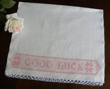 Vintage Good Luck Pink Embroidered Huck Towel - The Pink Rose Cottage
