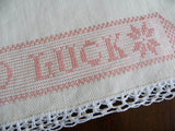 Vintage Good Luck Pink Embroidered Huck Towel - The Pink Rose Cottage 