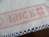 Vintage Good Luck Pink Embroidered Huck Towel - The Pink Rose Cottage