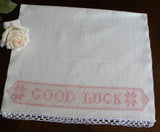 Vintage Good Luck Pink Embroidered Huck Towel - The Pink Rose Cottage
